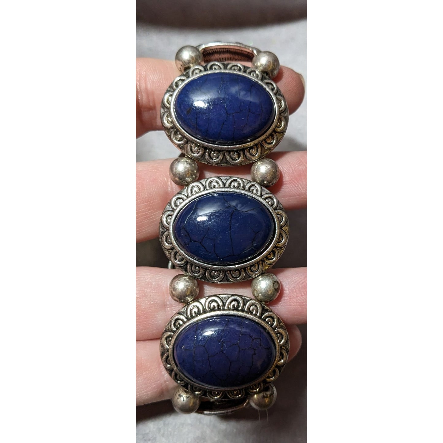 Silver Tone And Blue Cabochon Vintage Style Stretch Bracelet