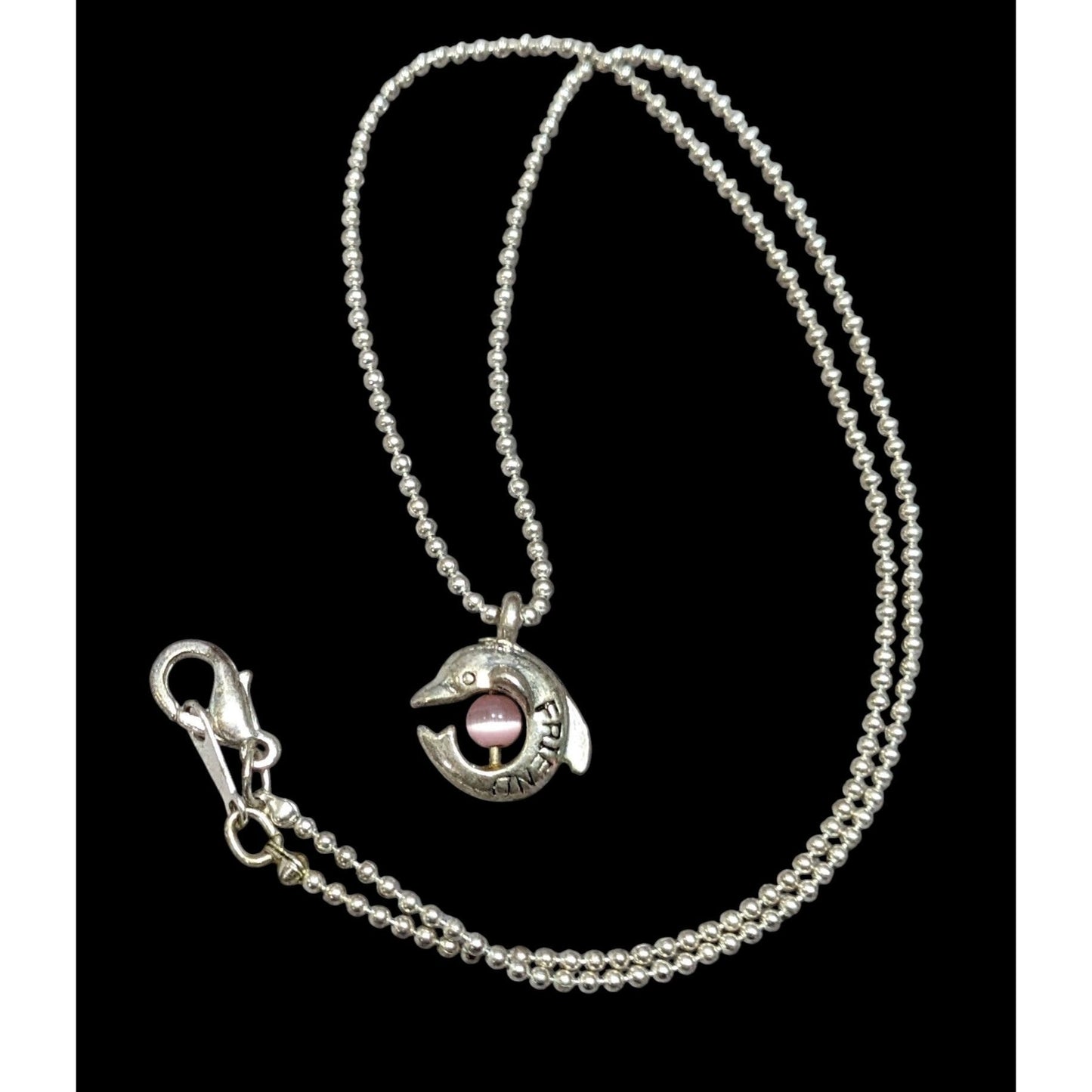 Minimalist Dolphin "Friend" Necklace Silver Tone With Pink Cat Eye Accent