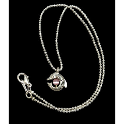 Minimalist Dolphin "Friend" Necklace Silver Tone With Pink Cat Eye Accent