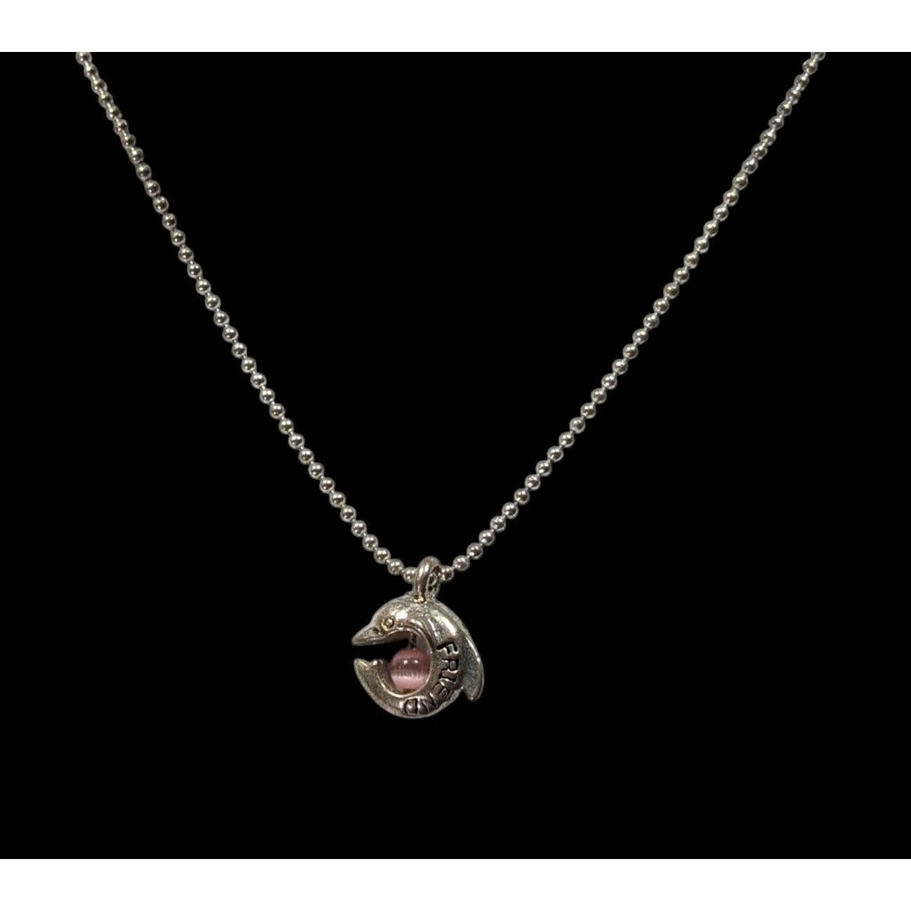 Minimalist Dolphin "Friend" Necklace Silver Tone With Pink Cat Eye Accent