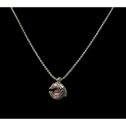 Minimalist Dolphin "Friend" Necklace Silver Tone With Pink Cat Eye Accent
