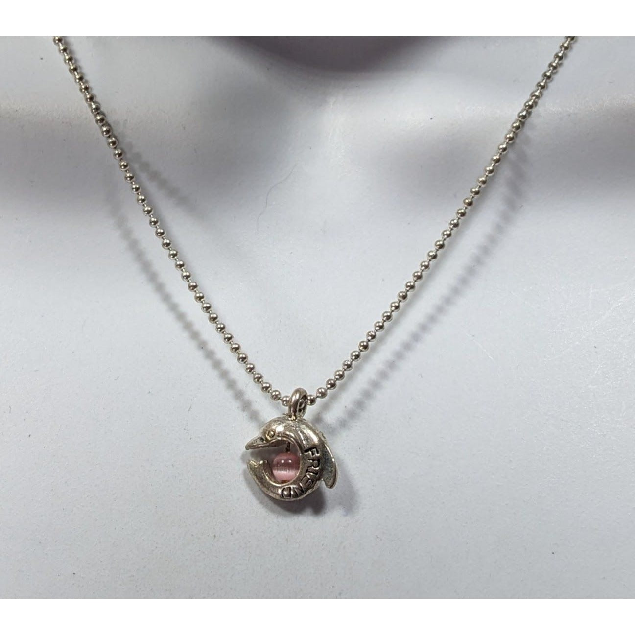 Minimalist Dolphin "Friend" Necklace Silver Tone With Pink Cat Eye Accent