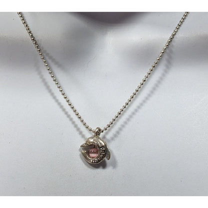 Minimalist Dolphin "Friend" Necklace Silver Tone With Pink Cat Eye Accent