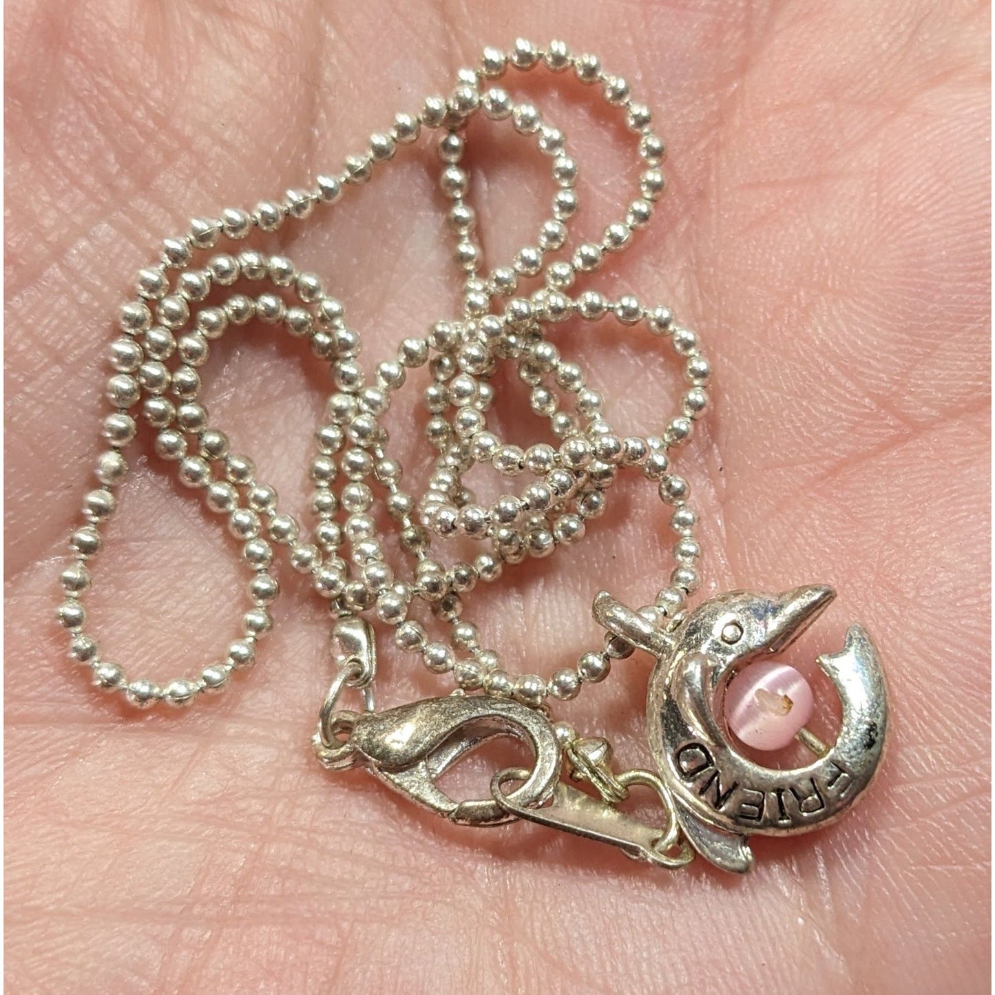 Minimalist Dolphin "Friend" Necklace Silver Tone With Pink Cat Eye Accent