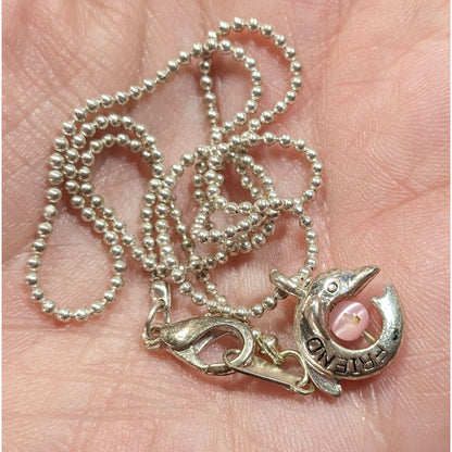 Minimalist Dolphin "Friend" Necklace Silver Tone With Pink Cat Eye Accent