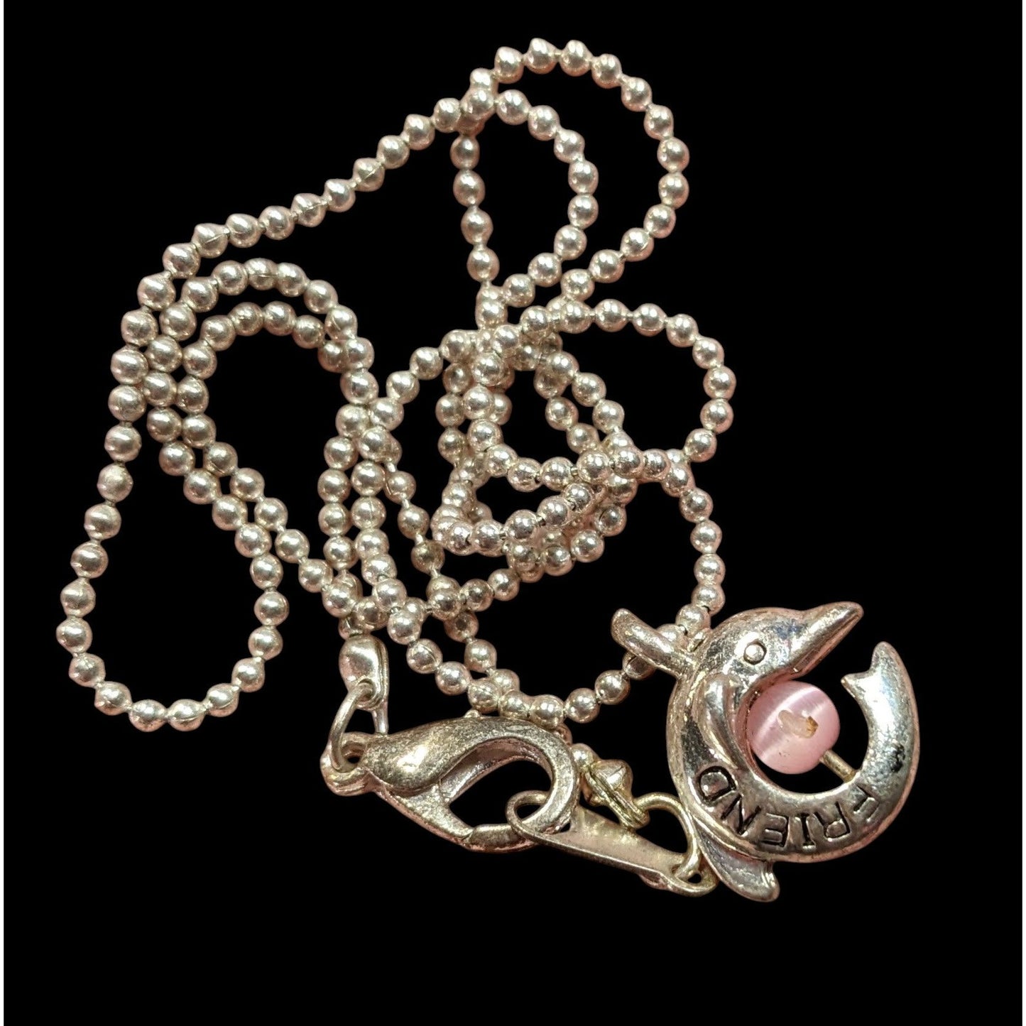 Minimalist Dolphin "Friend" Necklace Silver Tone With Pink Cat Eye Accent