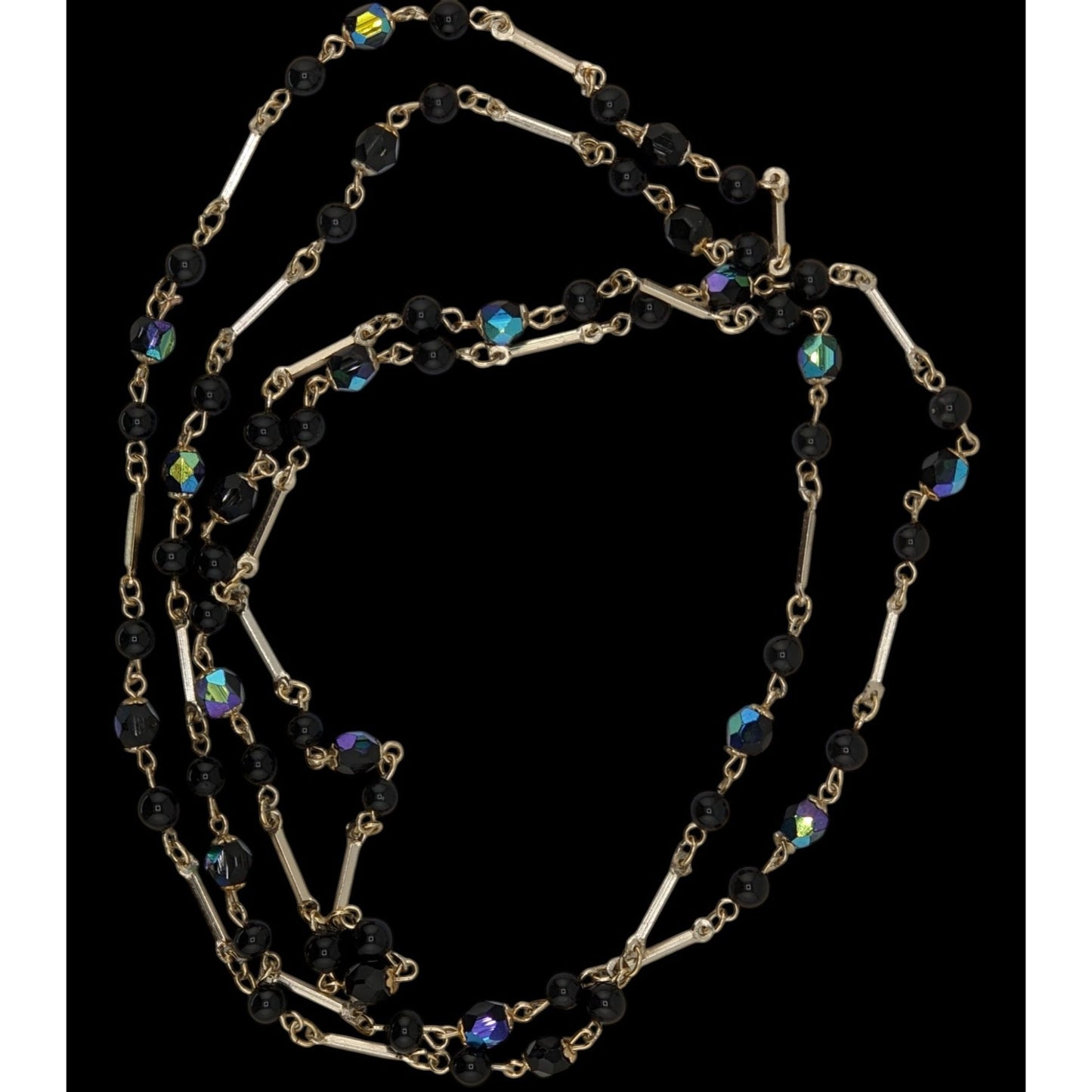 Glam Goth Black & Silver-Tone Beaded Necklace With Iridescent Accents