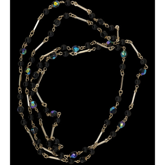 Glam Goth Black & Silver-Tone Beaded Necklace With Iridescent Accents