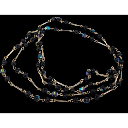 Glam Goth Black & Silver-Tone Beaded Necklace With Iridescent Accents