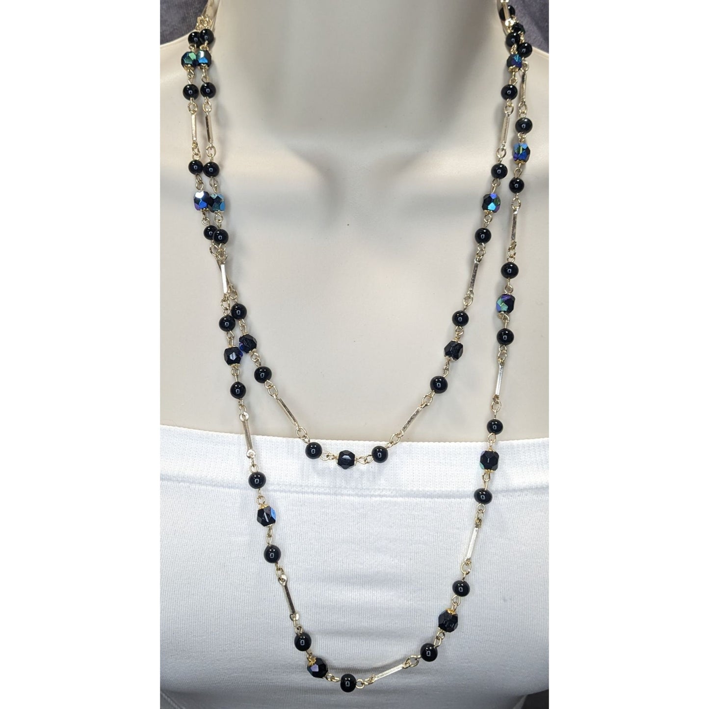 Glam Goth Black & Silver-Tone Beaded Necklace With Iridescent Accents