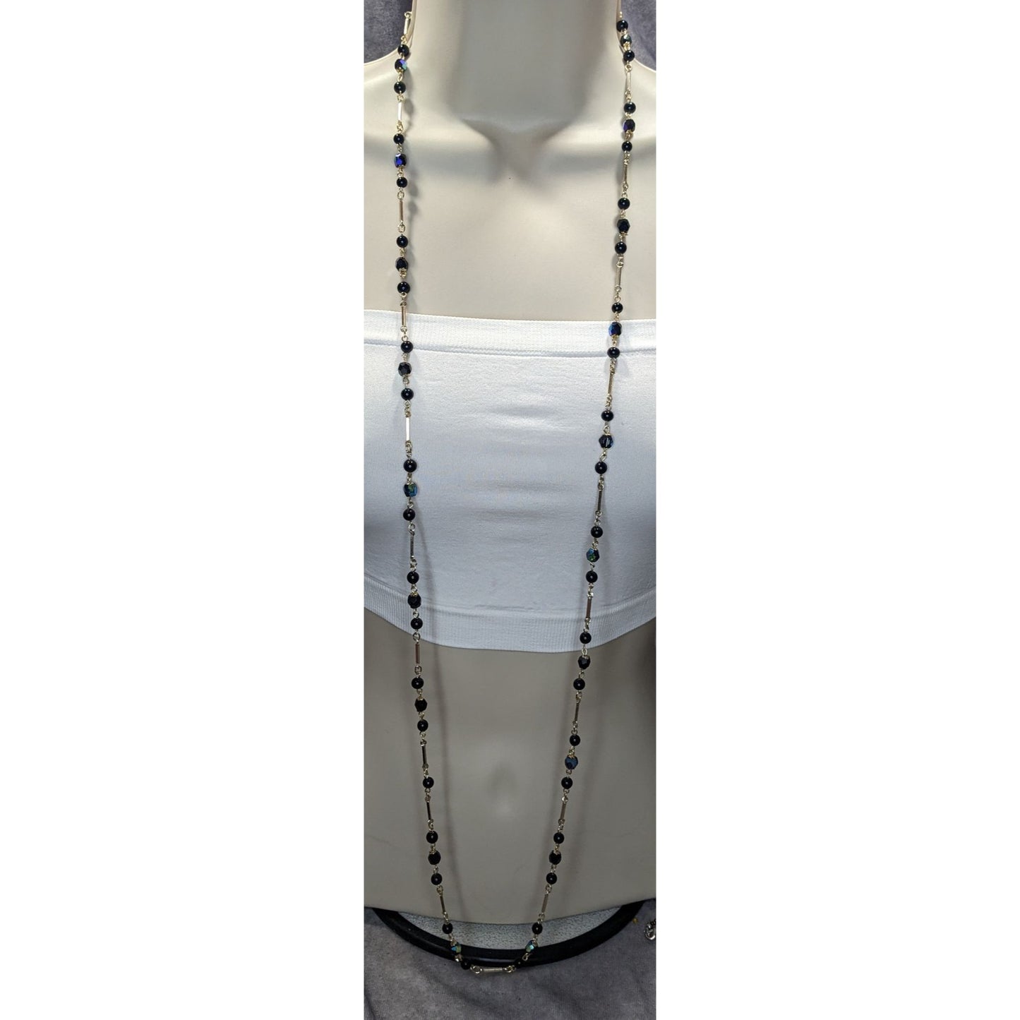 Glam Goth Black & Silver-Tone Beaded Necklace With Iridescent Accents