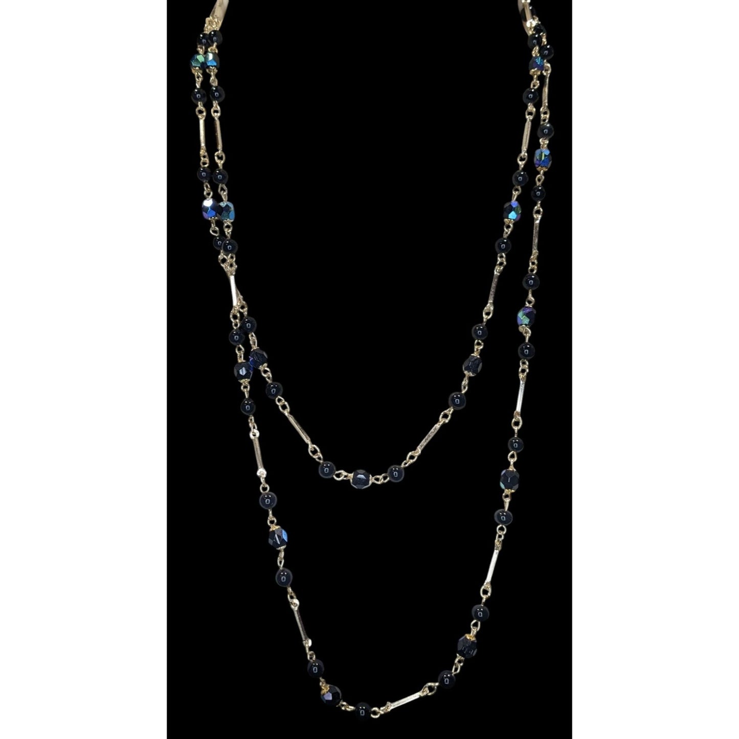 Glam Goth Black & Silver-Tone Beaded Necklace With Iridescent Accents
