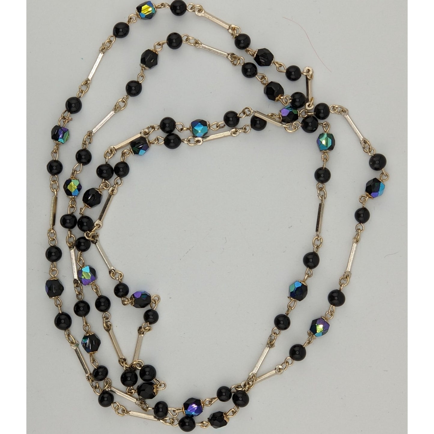 Glam Goth Black & Silver-Tone Beaded Necklace With Iridescent Accents