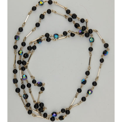Glam Goth Black & Silver-Tone Beaded Necklace With Iridescent Accents