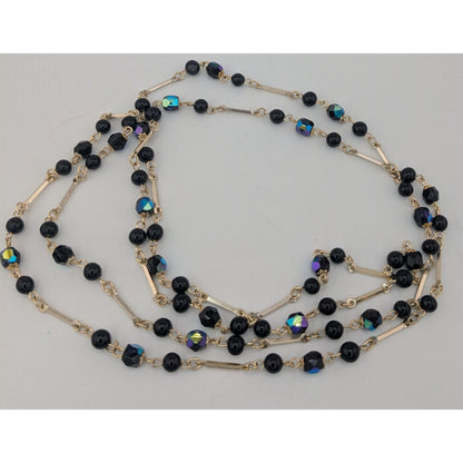 Glam Goth Black & Silver-Tone Beaded Necklace With Iridescent Accents