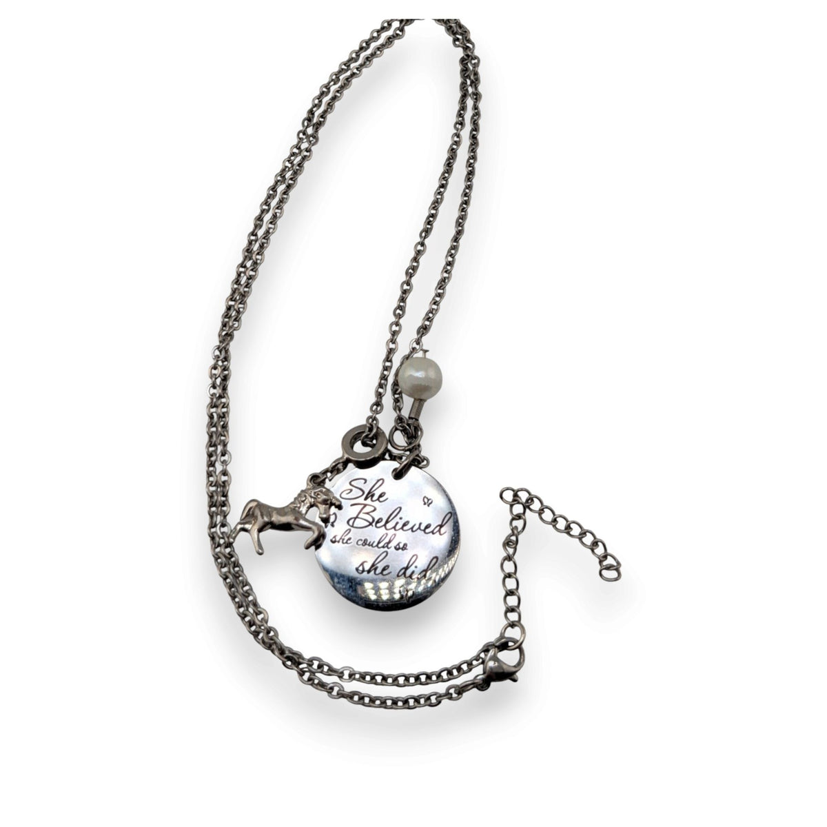 Whimsical Inspirational Silver Tone Horse Charm Necklace She Believed 23 Inch