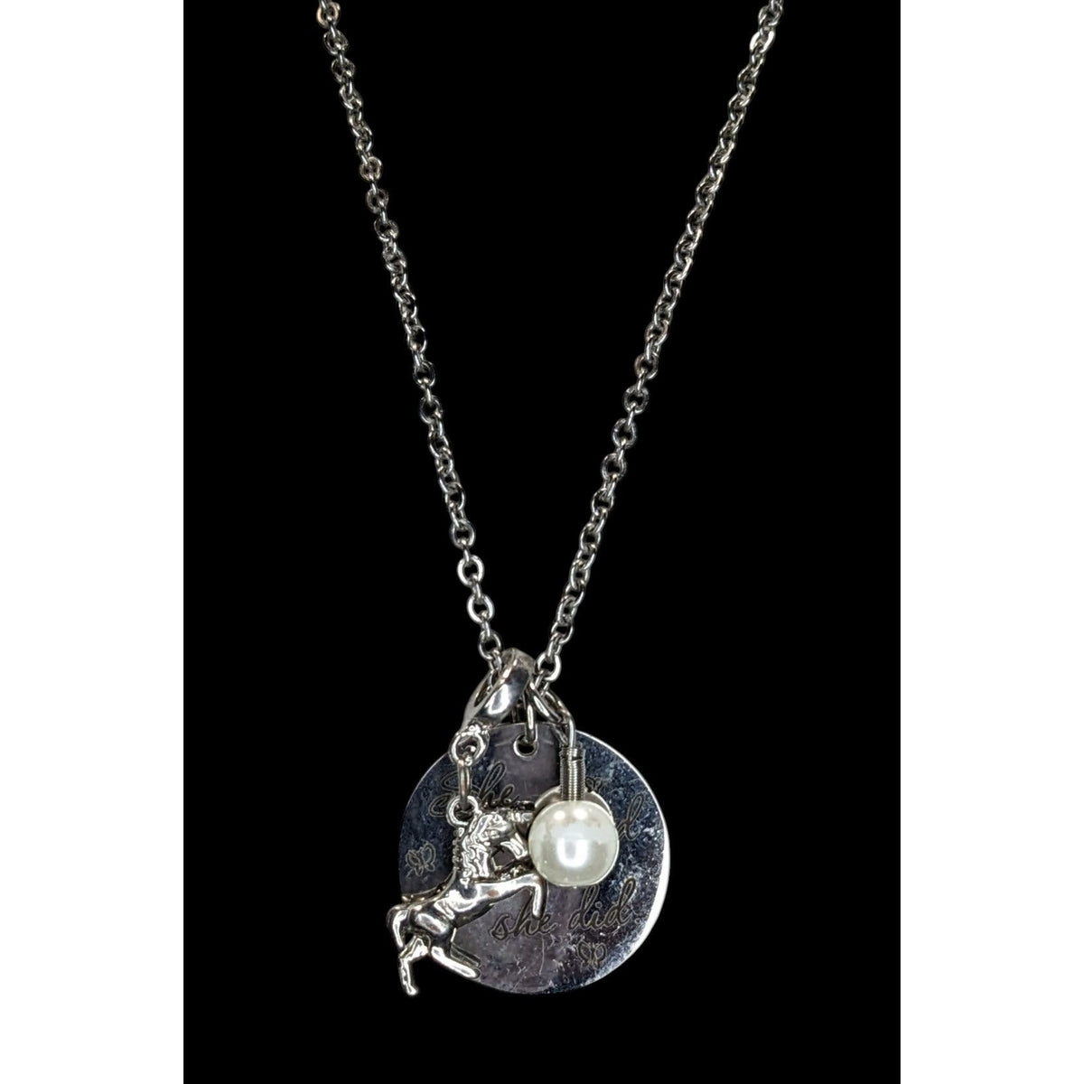 Whimsical Inspirational Silver Tone Horse Charm Necklace She Believed 23 Inch