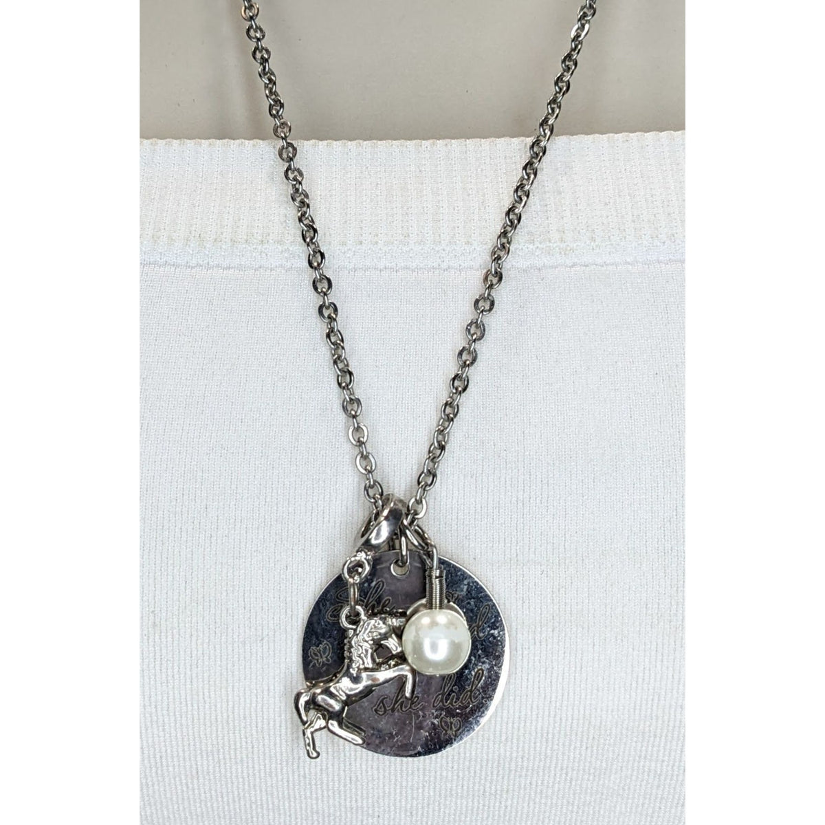 Whimsical Inspirational Silver Tone Horse Charm Necklace She Believed 23 Inch