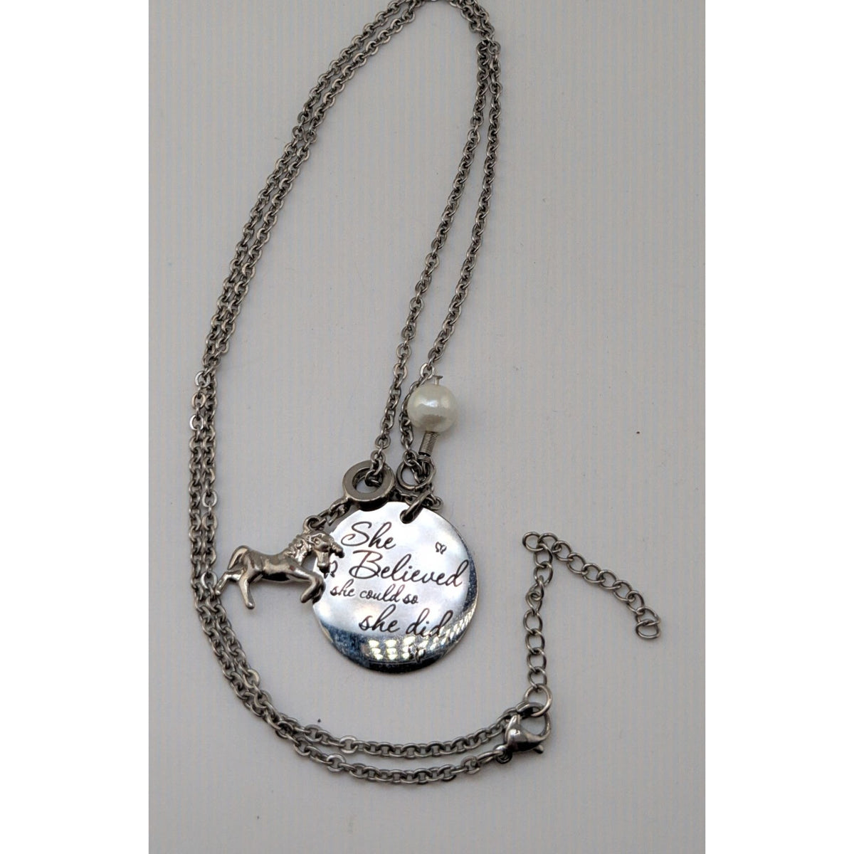 Whimsical Inspirational Silver Tone Horse Charm Necklace She Believed 23 Inch