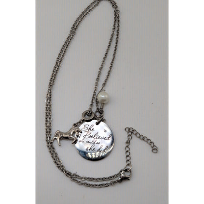 Whimsical Inspirational Silver Tone Horse Charm Necklace She Believed 23 Inch