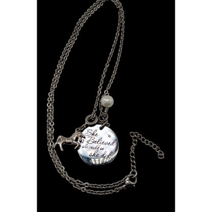 Whimsical Inspirational Silver Tone Horse Charm Necklace She Believed 23 Inch