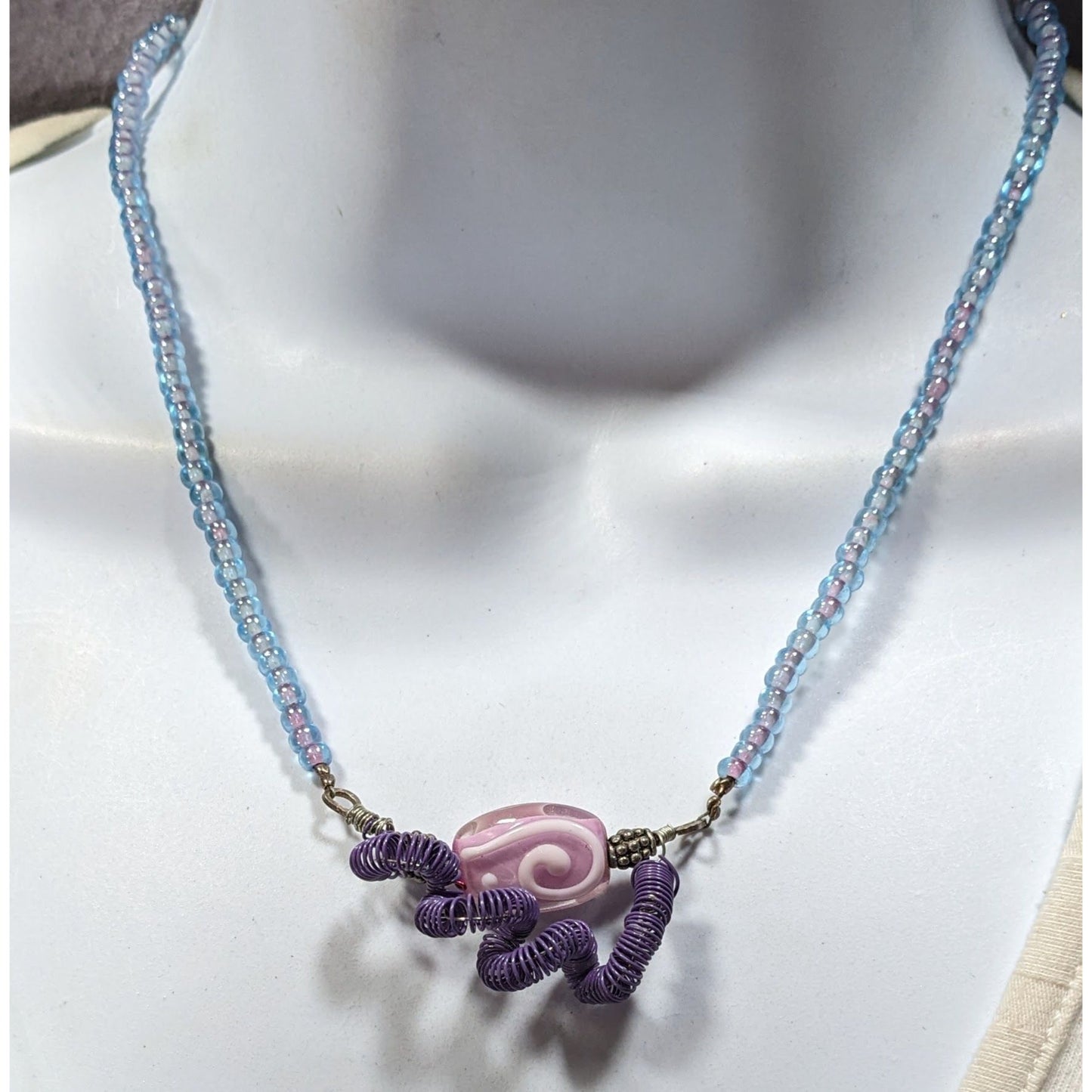 Handmade Purple And Blue Glass And Wire Wrap Necklace