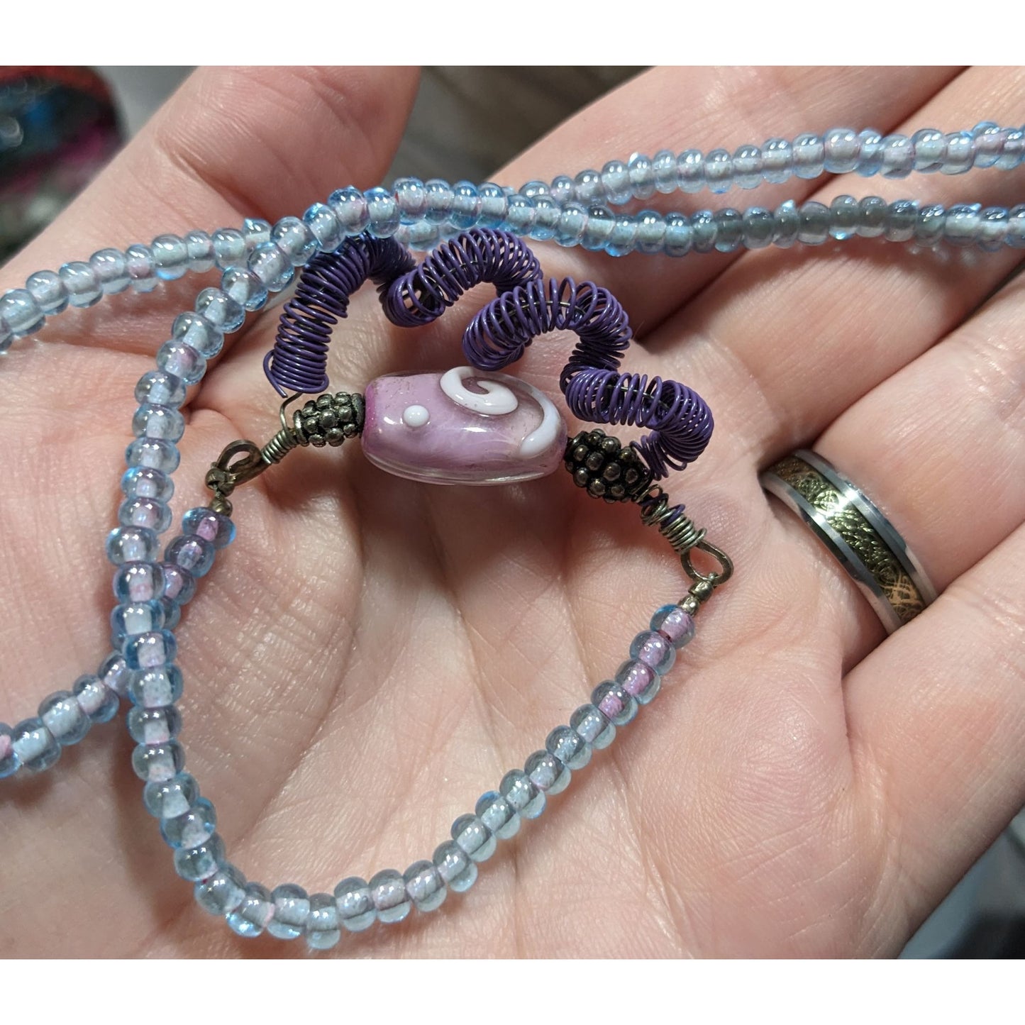 Handmade Purple And Blue Glass And Wire Wrap Necklace