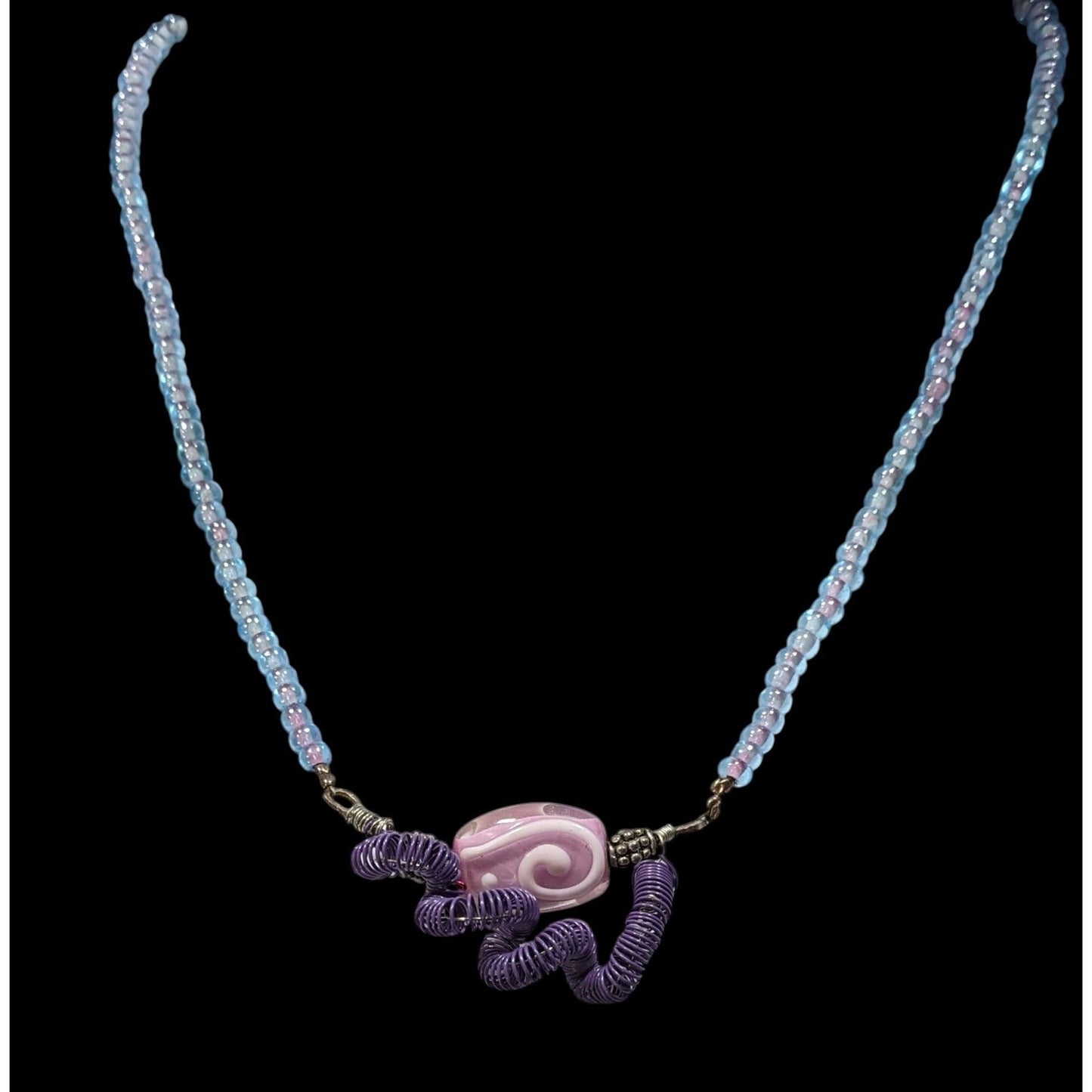Handmade Purple And Blue Glass And Wire Wrap Necklace