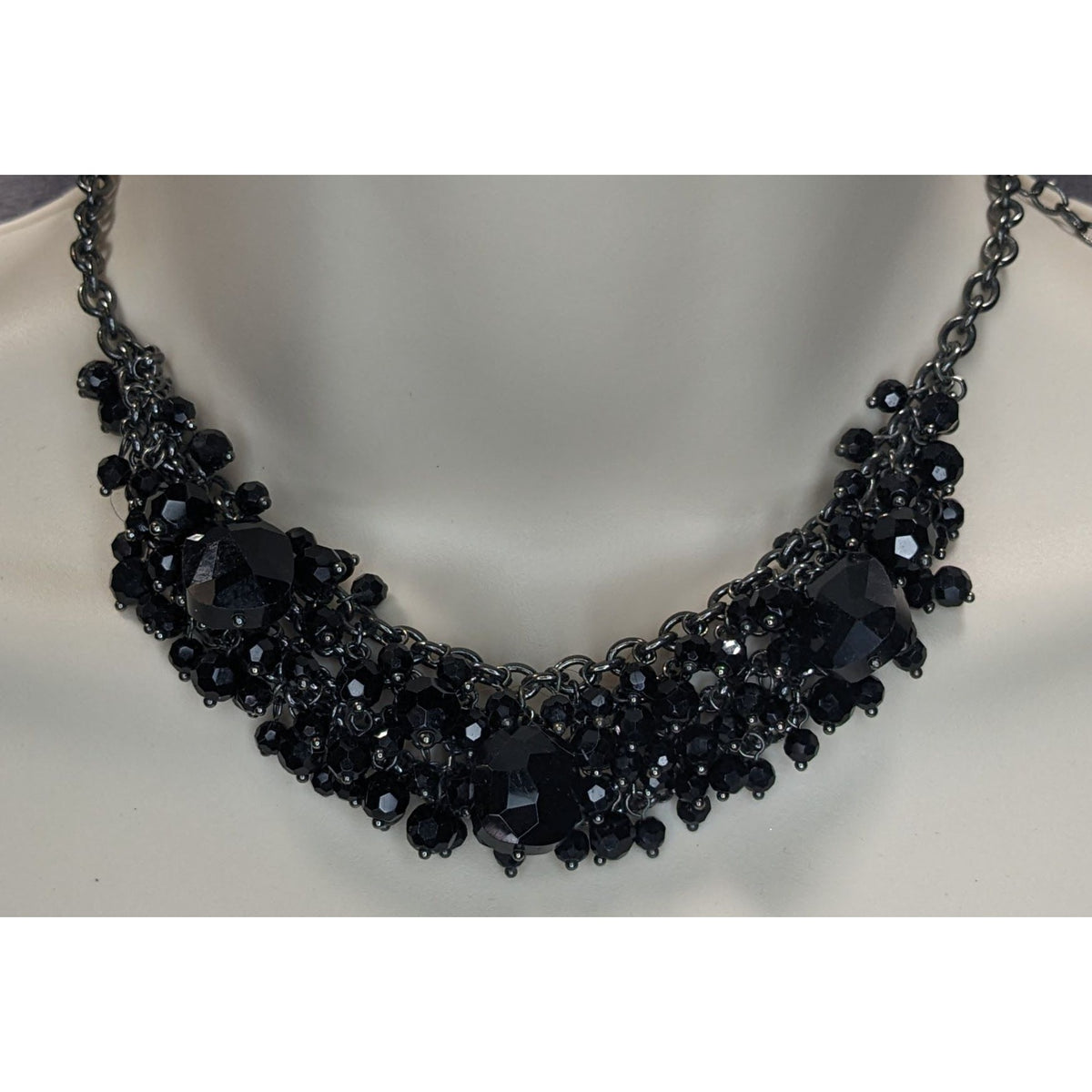 Gothic Vampire Glam Black Beaded Cluster Statement Necklace