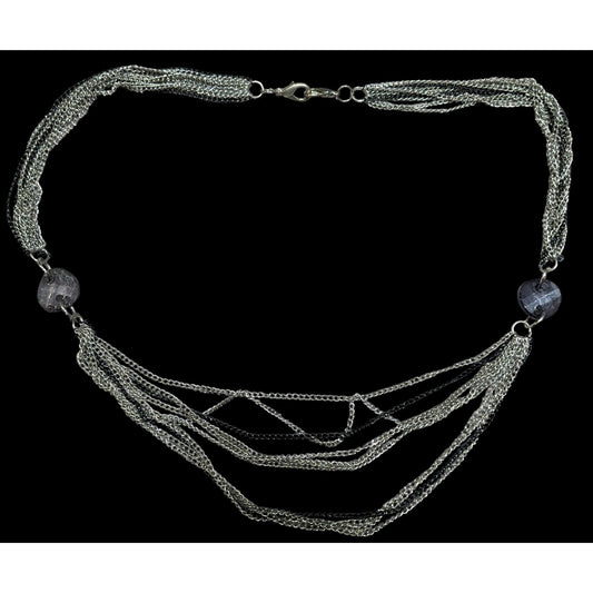 Chic Multilayer Chain Necklace Silver Tone With Muted Purple Bead Accents