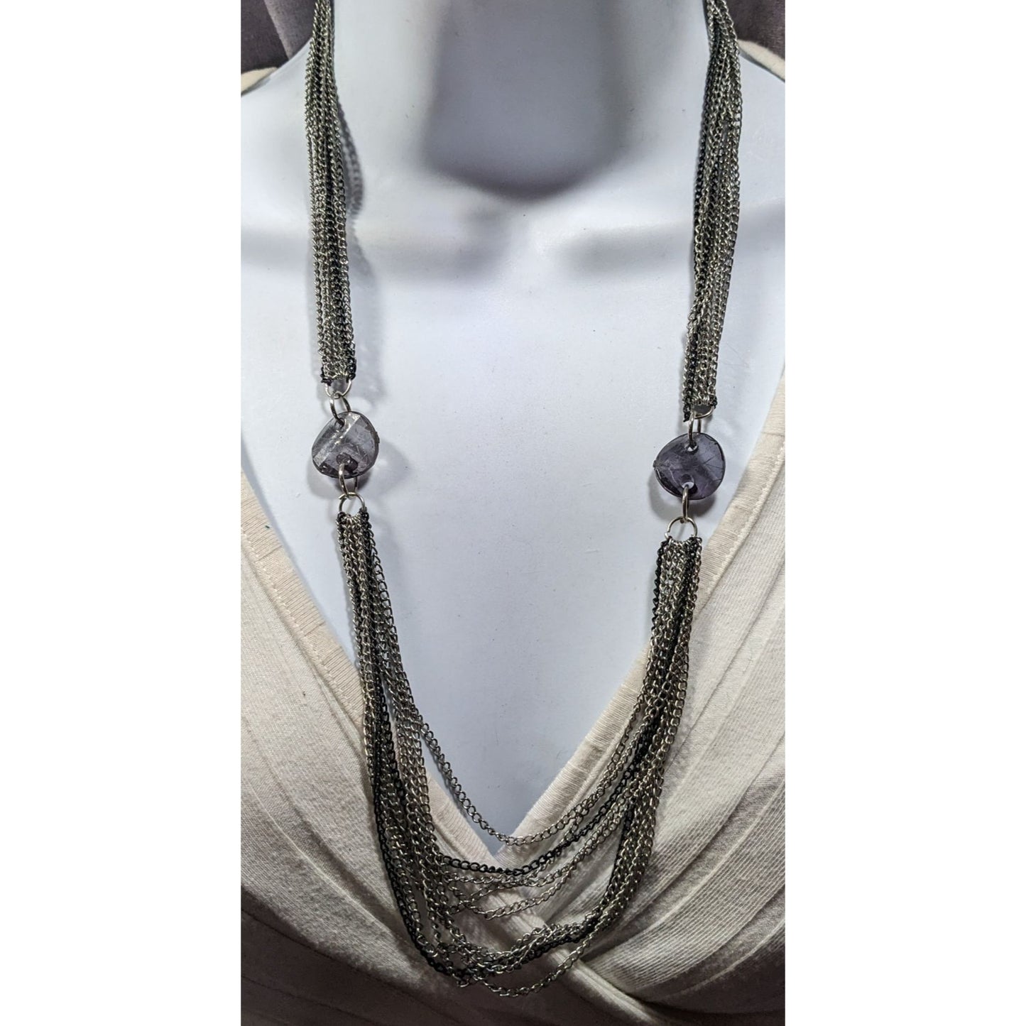 Chic Multilayer Chain Necklace Silver Tone With Muted Purple Bead Accents