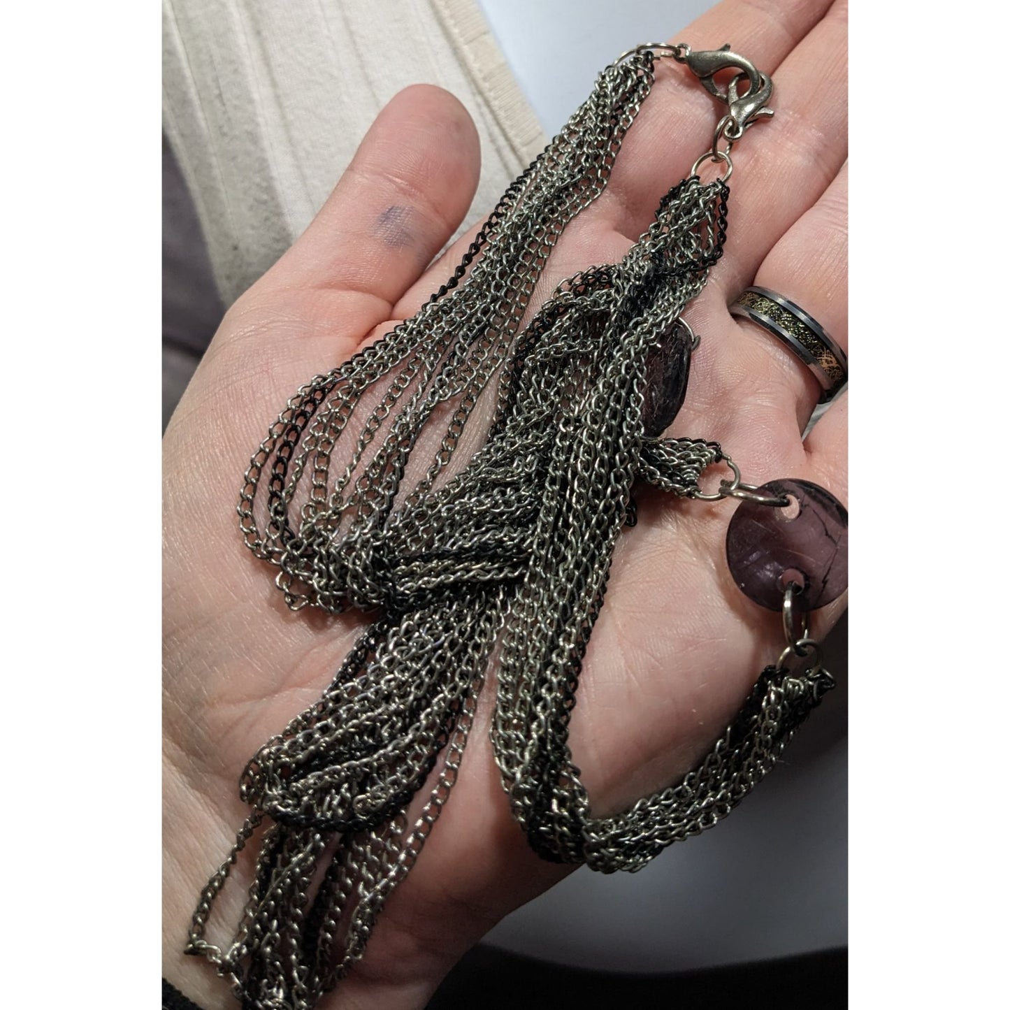 Chic Multilayer Chain Necklace Silver Tone With Muted Purple Bead Accents