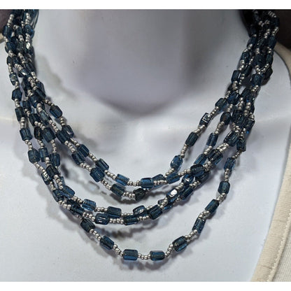 Vintage Multi-Strand Blue Glass Beaded Necklace W/ Silver Accents & Adjustable Clasp