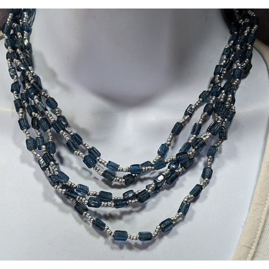 Vintage Multi-Strand Blue Glass Beaded Necklace W/ Silver Accents & Adjustable Clasp