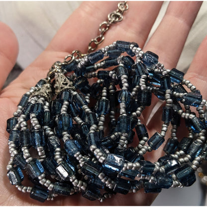 Vintage Multi-Strand Blue Glass Beaded Necklace W/ Silver Accents & Adjustable Clasp