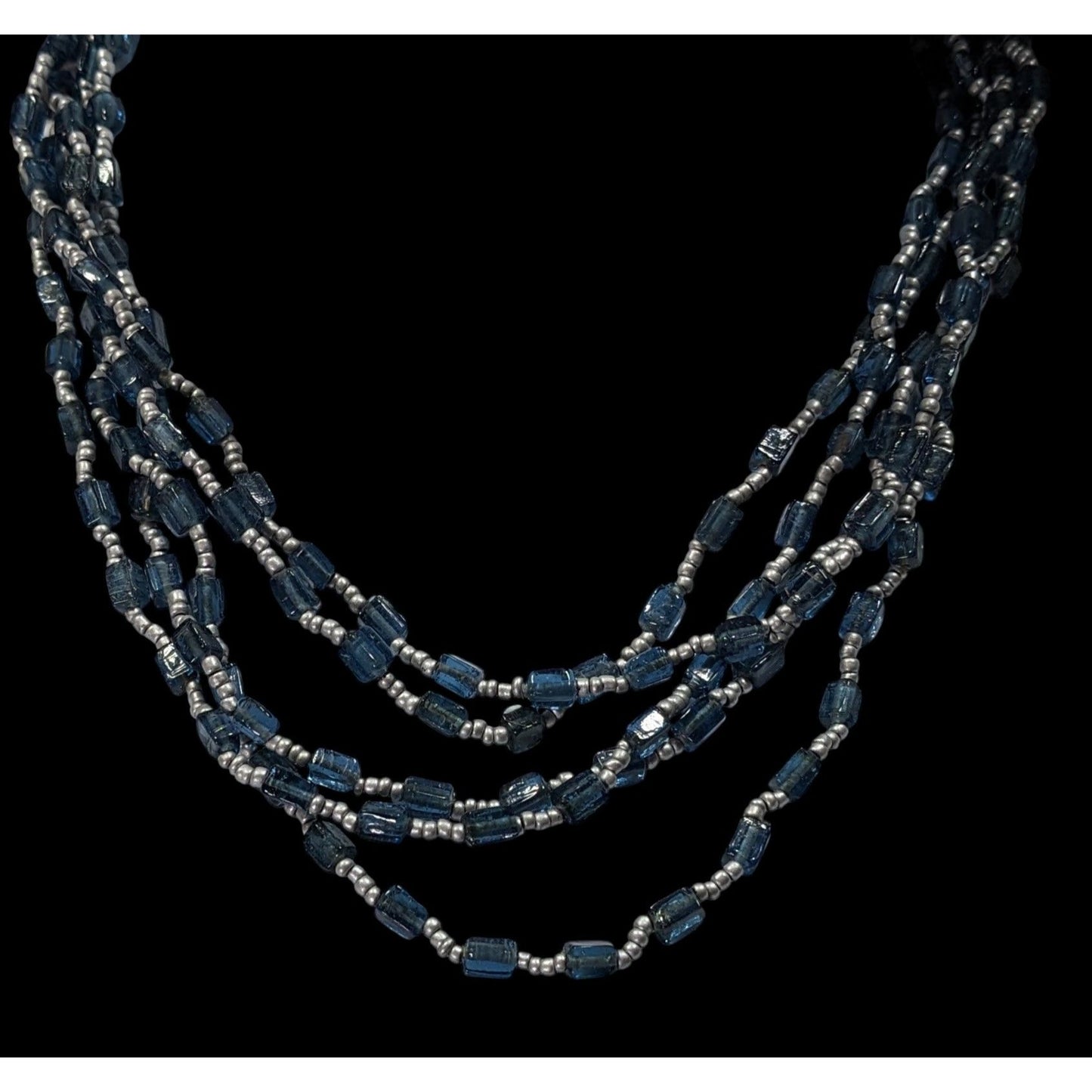 Vintage Multi-Strand Blue Glass Beaded Necklace W/ Silver Accents & Adjustable Clasp