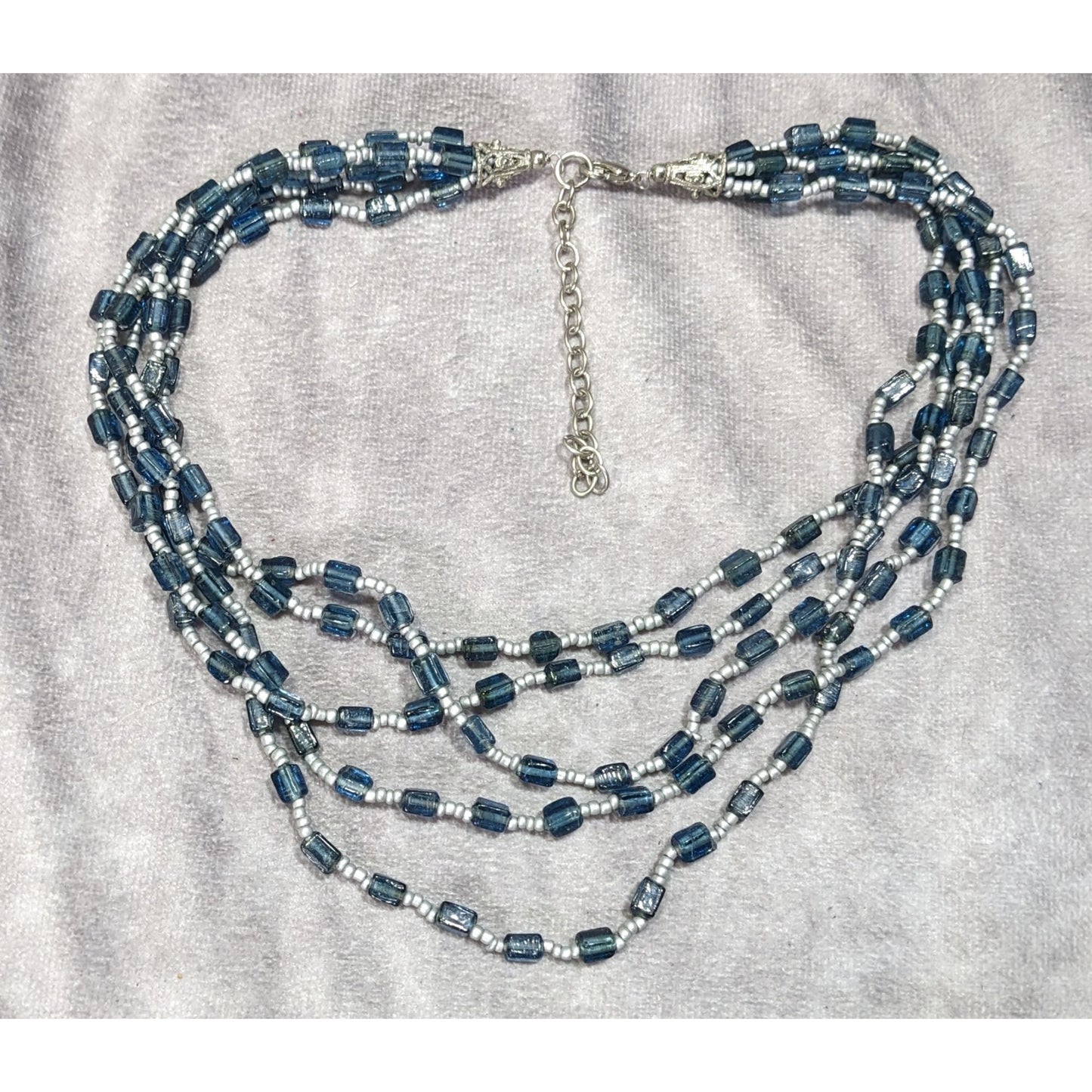 Vintage Multi-Strand Blue Glass Beaded Necklace W/ Silver Accents & Adjustable Clasp
