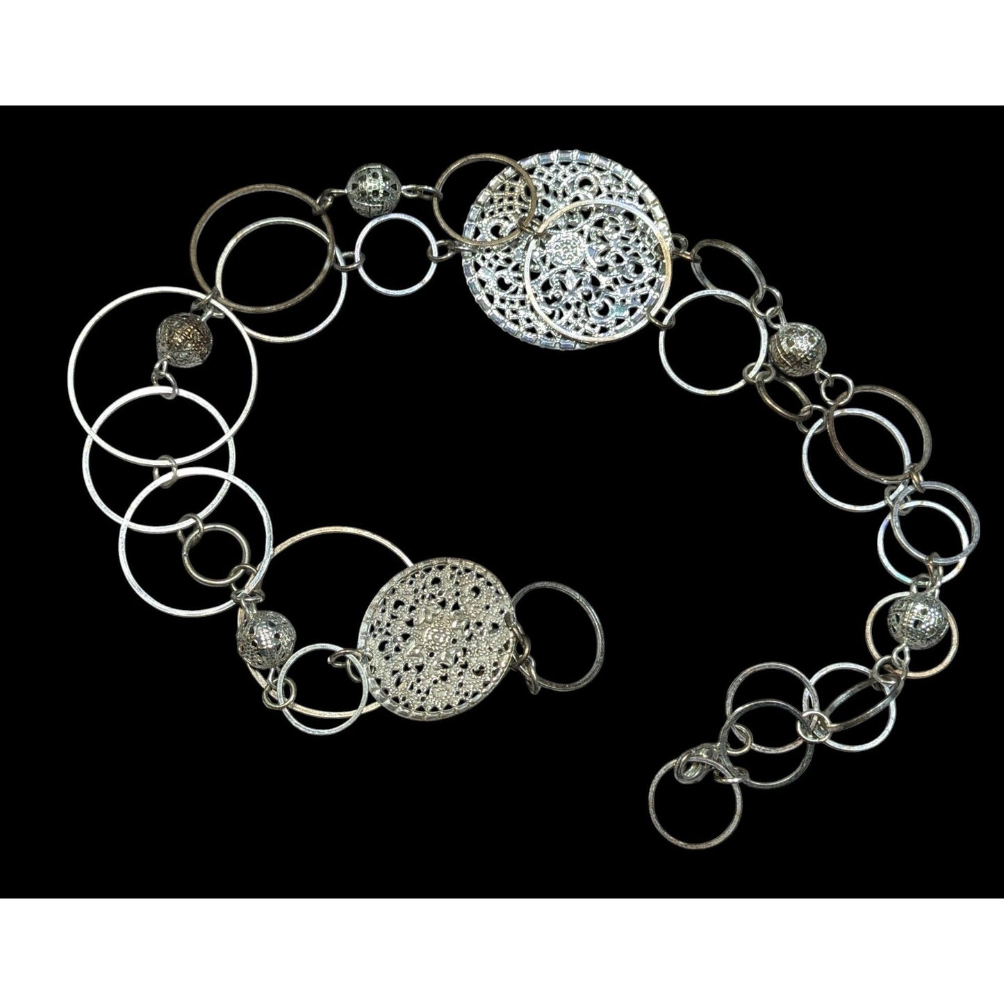 Bohemian Silver Tone Open Ring And Filigree Medallion Chain Necklace