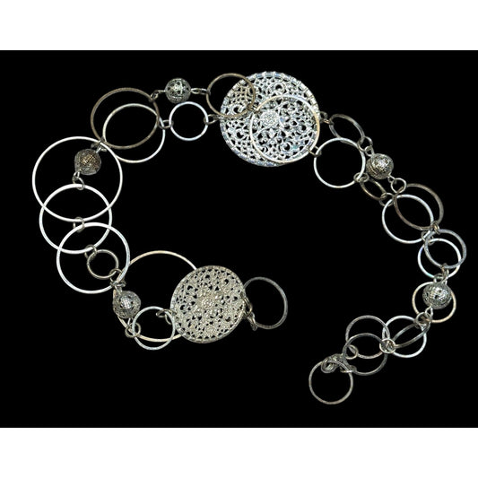 Bohemian Silver Tone Open Ring And Filigree Medallion Chain Necklace