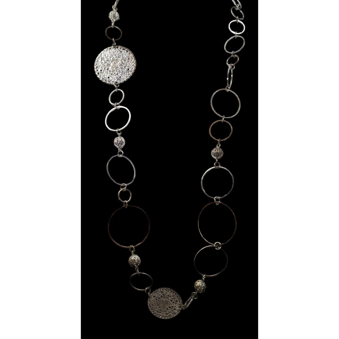Bohemian Silver Tone Open Ring And Filigree Medallion Chain Necklace