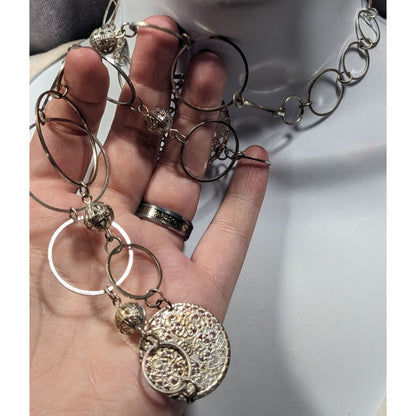 Bohemian Silver Tone Open Ring And Filigree Medallion Chain Necklace
