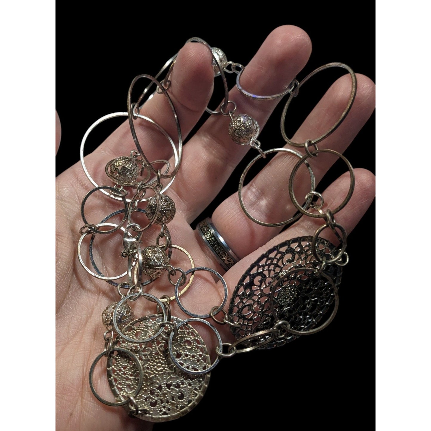 Bohemian Silver Tone Open Ring And Filigree Medallion Chain Necklace