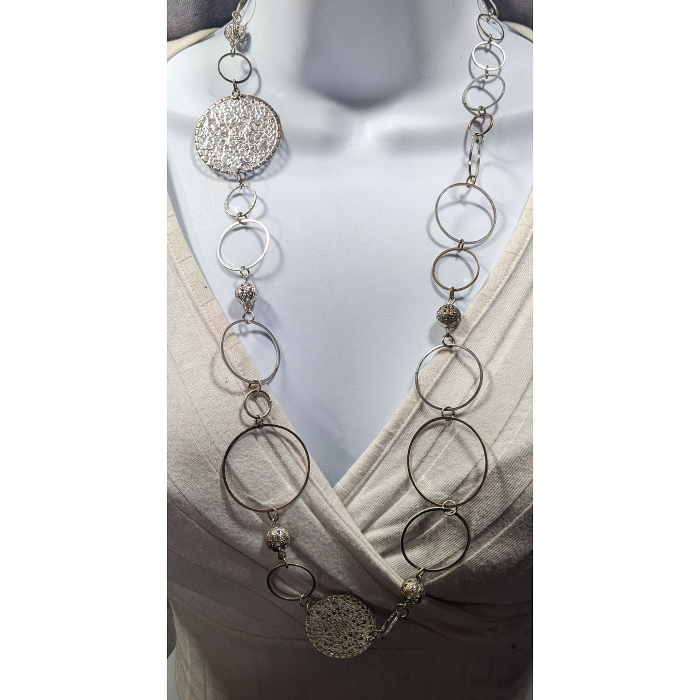 Bohemian Silver Tone Open Ring And Filigree Medallion Chain Necklace