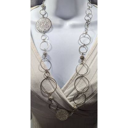 Bohemian Silver Tone Open Ring And Filigree Medallion Chain Necklace