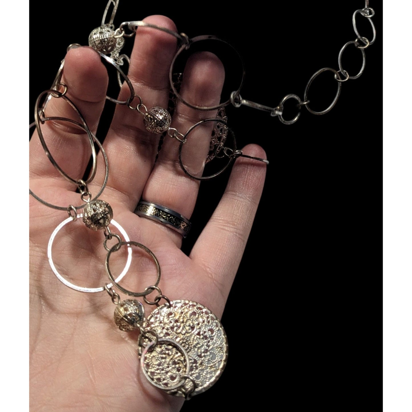 Bohemian Silver Tone Open Ring And Filigree Medallion Chain Necklace