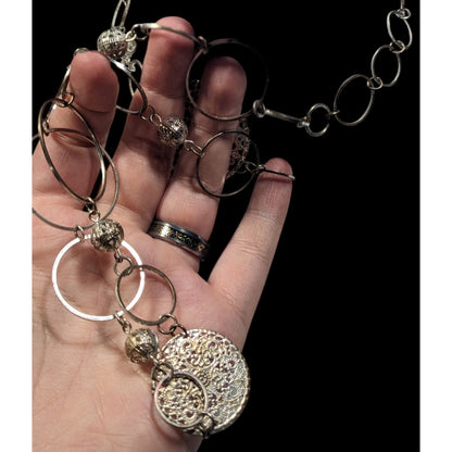 Bohemian Silver Tone Open Ring And Filigree Medallion Chain Necklace