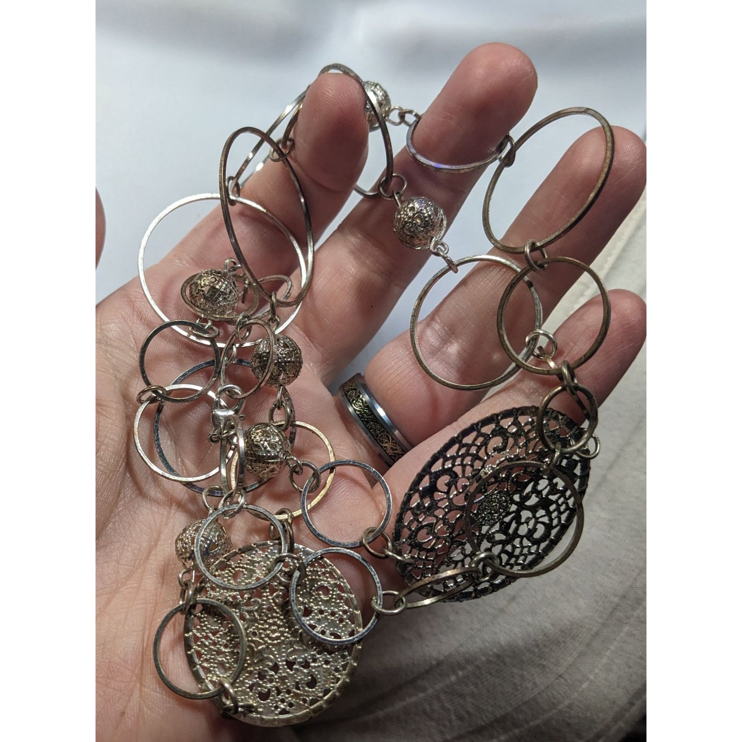 Bohemian Silver Tone Open Ring And Filigree Medallion Chain Necklace