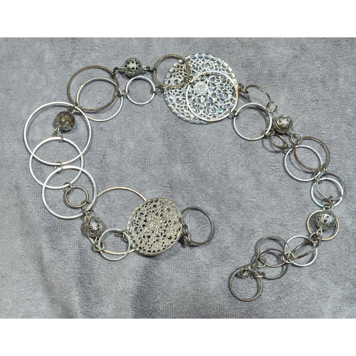Bohemian Silver Tone Open Ring And Filigree Medallion Chain Necklace