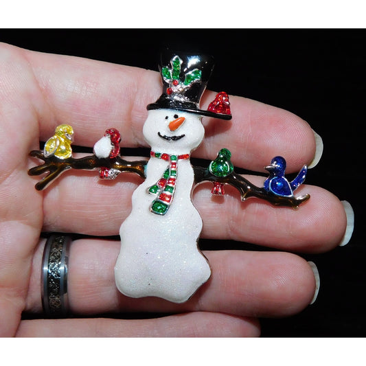 Rare Vintage Happy Snowman With Birds Brooch