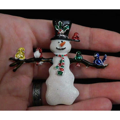 Rare Vintage Happy Snowman With Birds Brooch